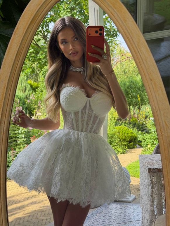 Weißes Korsett-Spitzen-Minikleid, Braut-Cocktailkleid Celina