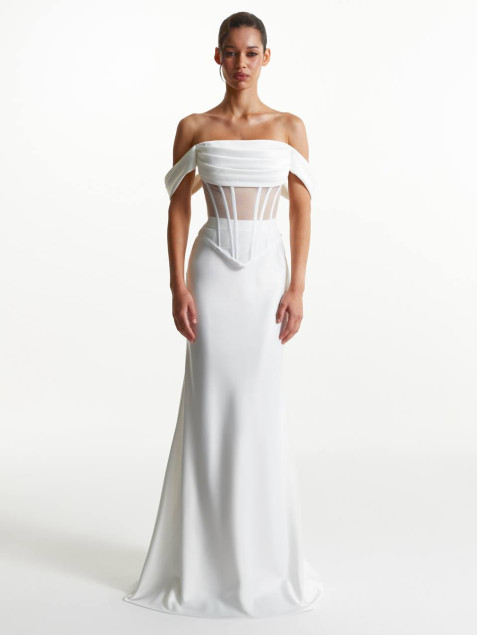 White Satin Mesh Corset, Off Shoulder Bridal Bustier, Wedding Outfit Top "Waves"