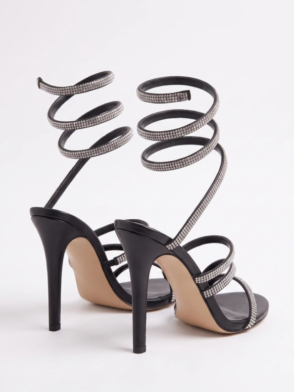 Schimmernde schwarze Stiletto-Sandalen mit Kristall-Spiralwicklung Lunara