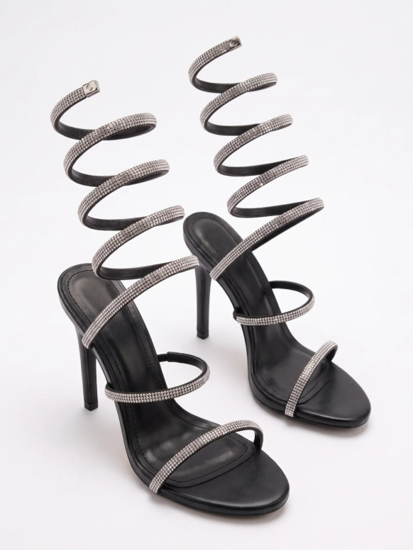 Schimmernde schwarze Stiletto-Sandalen mit Kristall-Spiralwicklung Lunara