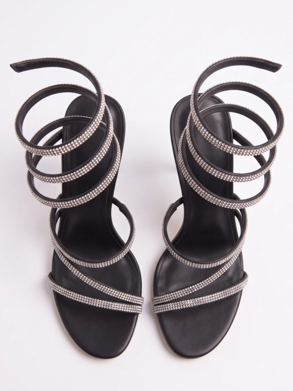 Schimmernde schwarze Stiletto-Sandalen mit Kristall-Spiralwicklung Lunara