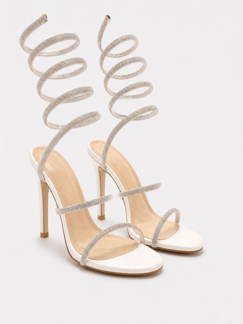 Sandales à Talons Aiguilles et Brides en Spirale, Ornées de Cristaux Blancs Scintillants "Lunara"