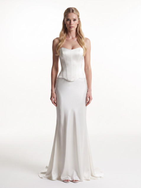 White Satin Two Piece Bridal Set, Strapless Corset Top & Maxi Skirt, Wedding Dress "Pearl Set"