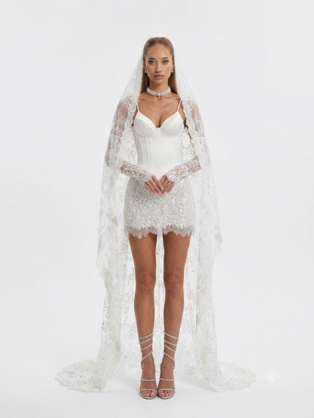 White Two Piece Set, Satin Corset Top & Lace Mini Skirt, Bridal Co Ord  "Adelia"