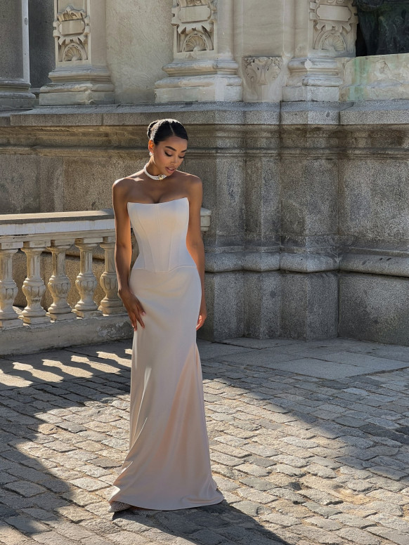 Light Beige Satin Two Piece Set, Strapless Corset Top & Maxi Skirt, Wedding Dress Celeste