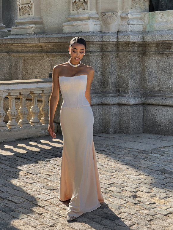 Light Beige Satin Two Piece Set, Strapless Corset Top & Maxi Skirt, Wedding Dress Celeste