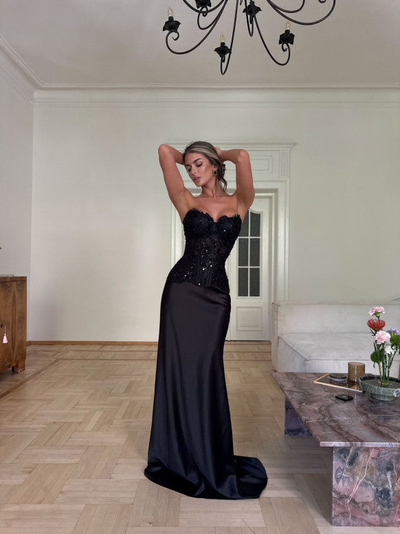 Black Satin Maxi Skirt, Evening Outfit Bottom Luna