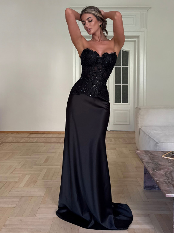 Schwarzes Zweiteiler-Set, schimmerndes trägerloses Korsett-Top & Satin-Maxirock, Abend-Outfit Opaline