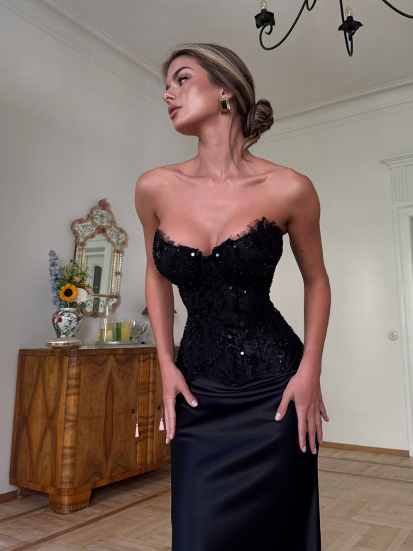 Schwarzes Spitzen-Korsett-Top, schimmerndes trägerloses Bustier, Party-Top Aurelia