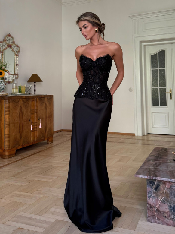 Schwarzes Zweiteiler-Set, schimmerndes trägerloses Korsett-Top & Satin-Maxirock, Abend-Outfit Opaline