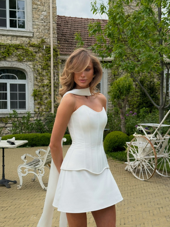 White Satin Two Piece Set, Strapless Corset Mini Skirt with Scarf, Bridal Co Ord Elle