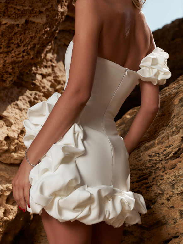 ivory corset mini dress Dress, Off Shoulder Ruffle Bodice, Cocktail Party Bloom atf-oc-04.10.25
