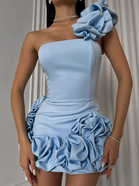 Голубое корсетное платье со сборкой на плече "Bloom"