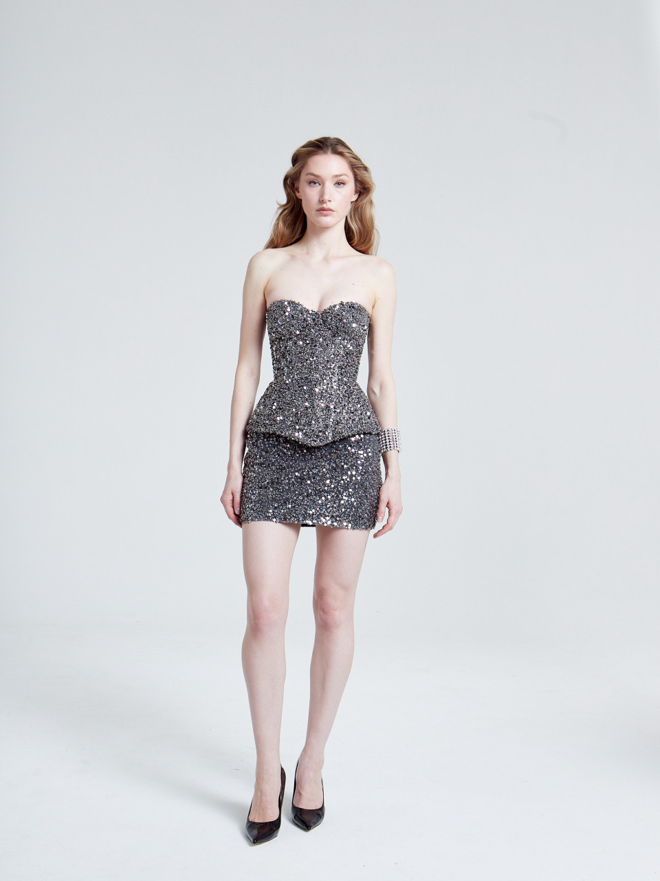 Срібний паєтковий комплект "NOIRÉLLE" (корсет + спідниця)