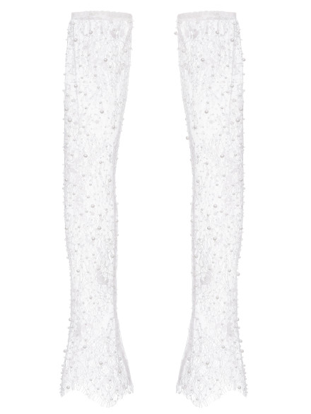 Long Sheer Lace Gloves with Scattered Pearls "Seraphine"