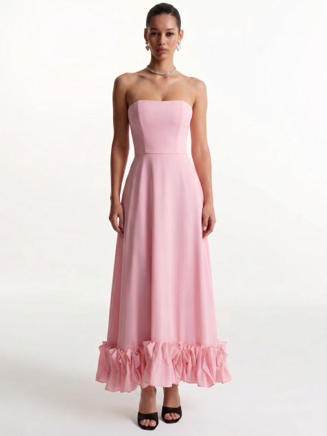 Pink chiffon midi dress with a voluminous flounce "Milla"