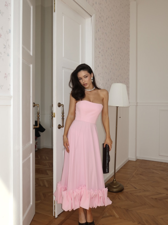 Pink chiffon midi dress with a voluminous flounce  Milla