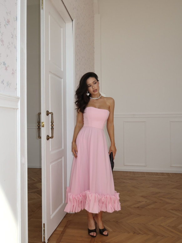 Pink chiffon midi dress with a voluminous flounce  Milla