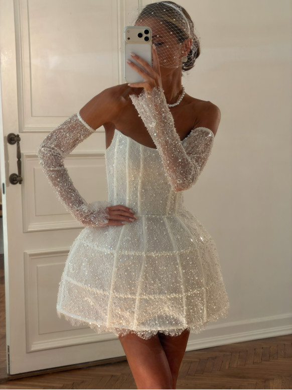 Long Sheer Lace Gloves with Scattered Pearls Seraphine