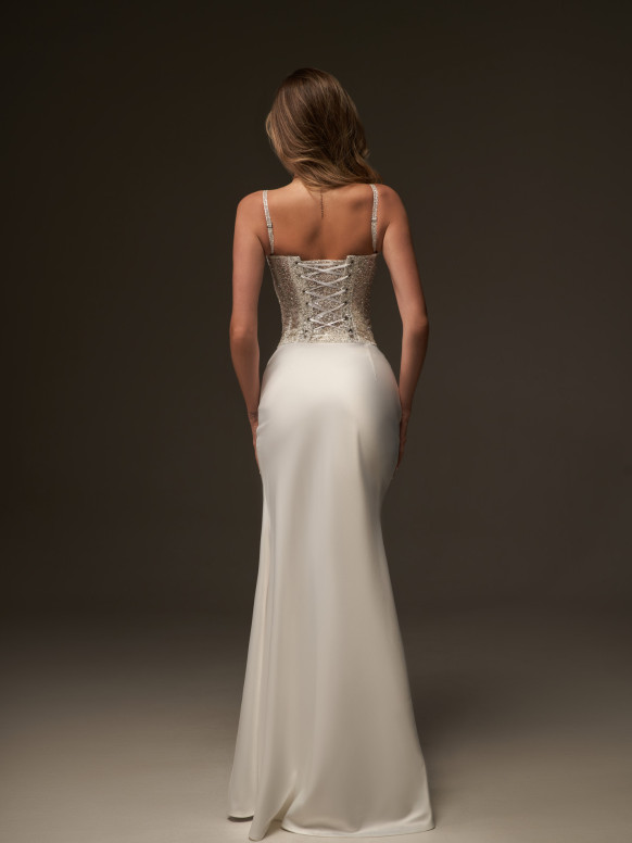 Witte glitter tweedelige set, korsettop en satijnen maxirok, bruidsset Belle