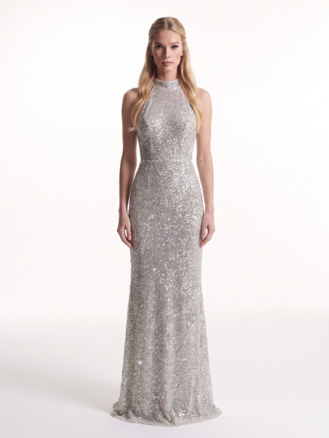 Gouden maxi avondjurk van pailletten, halterhals, glinsterende glitterstof, aansluitend silhouet "Nostelle"