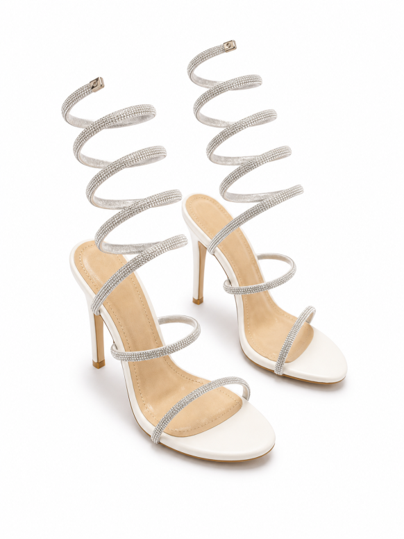 Shimmering Crystal Spiral Wrap Stiletto Sandals Lunara